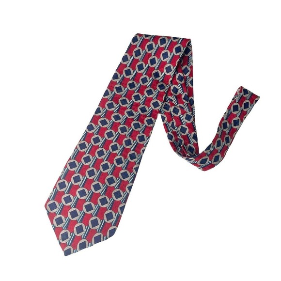 Oscar de la Renta Silk Tie Necktie Red Blue Made in USA Mixed Print - Picture 1 of 5